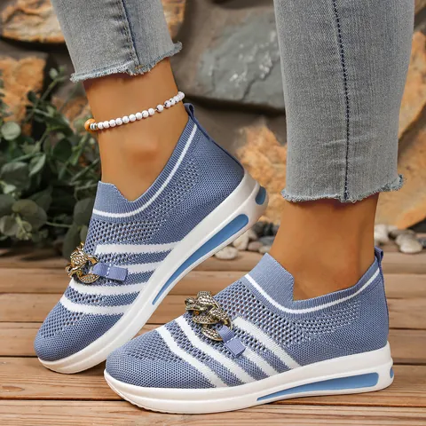 Women's Casual Fly-knit Mesh Wedge Shoes Hollow Out Color-Block Striped Sneakers With Metal Chain For Everyday Comfort