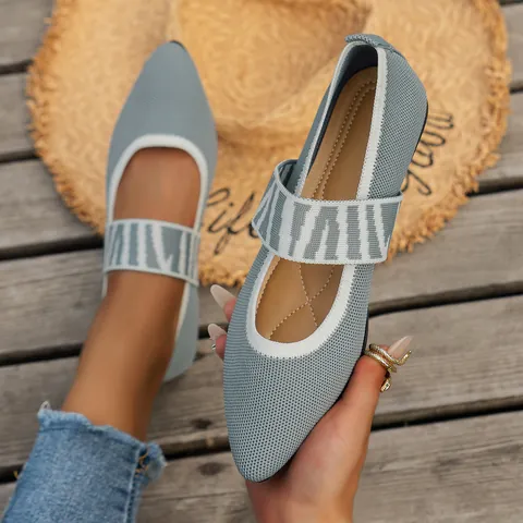 Women Pointed Toe Flat Shoes Flyknit Breathable Slip On Mary Janes Casual Loafers Soft Sole Walking Shoes For Women