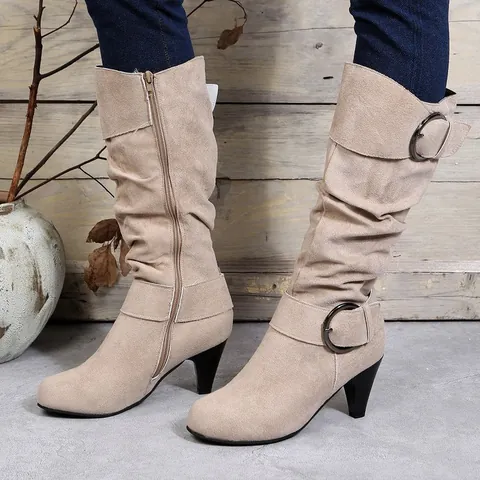 Bottes Mi-Mollet Femmes Faux Daim Bottes Slouchy Avec Boucle Fermeture Éclair Latérale Talon Cône Rétro Automne Hiver