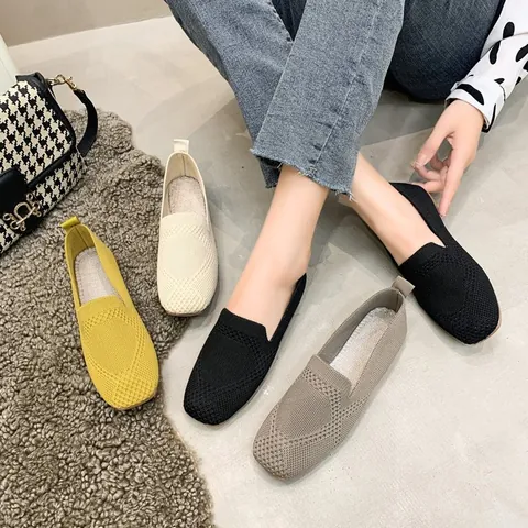 Women Flyknit Flat Shoes Square Toe Soft Sole Breathable Woven Knit Loafers Casual Slip On Comfortable Walking Ballet Flats