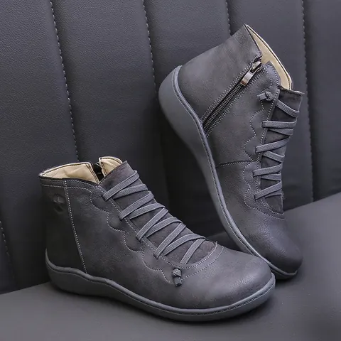 Women Fashion PU Leather Ankle Boots Casual Vintage Side Zipper Short Boots Flat Heel Wear Resistant Autumn Winter Boots