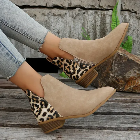 Women Pointed Toe Ankle Boots Patchwork Leopard Print Side Zipper Low Block Heel Fashion Martin Booties Casual Dress Shoes