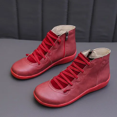 Women Casual PU Leather Short Boots Lace Up Side Zipper Flat Heel Warm Solid Color Western Style Winter Ankle Boots
