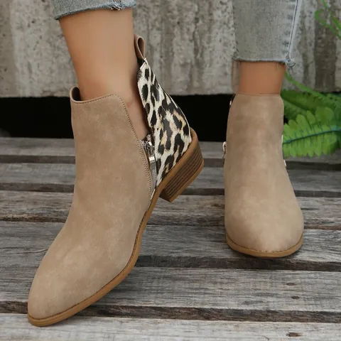 Women Pointed Toe Ankle Boots Patchwork Leopard Print Side Zipper Low Block Heel Fashion Martin Booties Casual Dress Shoes
