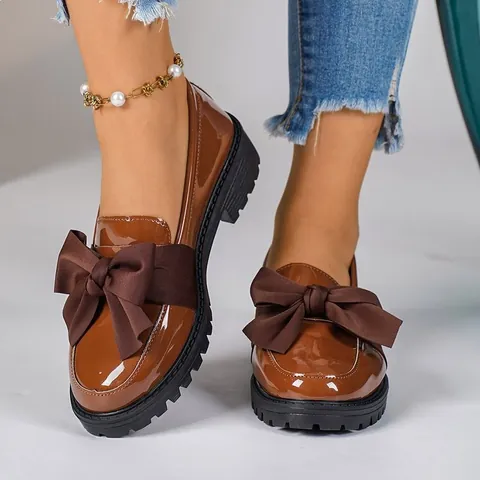Women's Patent Leather Loafers Vintage Large Bow Platform Shoes Plus Size Elegant Slip-on Dress Flats For Daily Wear School Office
