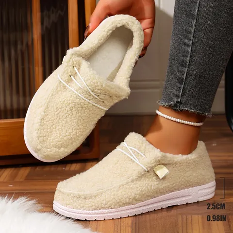 Dames Winter Warme Kunstbont Voering Sneeuwlaarzen Preppy Stijl Instap Flatter Fleece Katoenen Schoenen Casual Buiten Huis Loafers