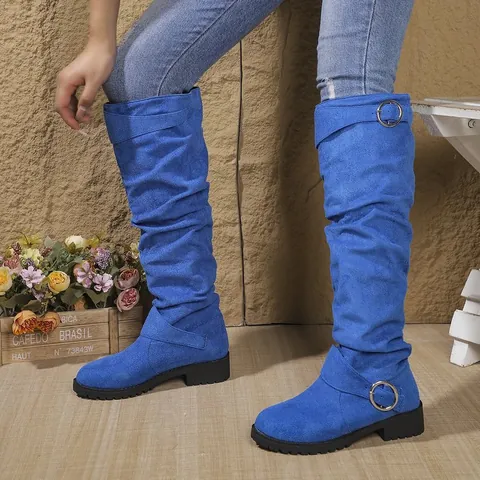 Women Retro Slouchy Mid-Calf Cowboy Boots With Buckle Detail Faux Suede PU Leather Non-Slip Slouch Boots For Autumn Winter
