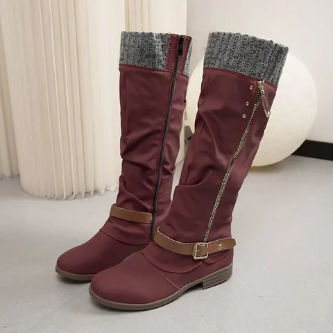 Stivali Martin da Donna al Ginocchio Moda Autunno Inverno Tacco Basso Quadrato Cerniera Laterale in Pelle PU con Maglia