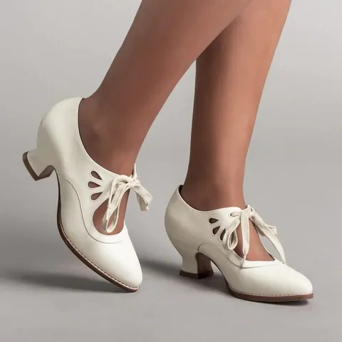 Women's Retro Hollow Out Lace Up High Heels Pointed Toe Chunky Spool Heel Casual Pumps PU Leather Dress Shoes For Office Party