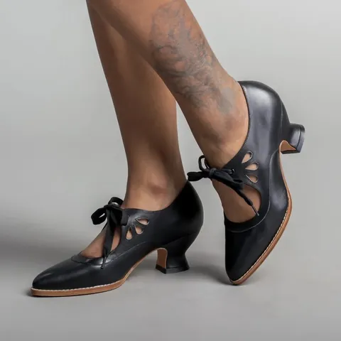 Women's Retro Hollow Out Lace Up High Heels Pointed Toe Chunky Spool Heel Casual Pumps PU Leather Dress Shoes For Office Party