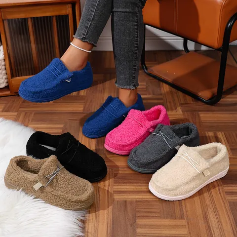 Women Casual Plush Warm Cotton Shoes Winter Faux Sherpa Fleece Thick Sole Loafers Non-Slip Flat Slip-On Outdoor Home Slippers