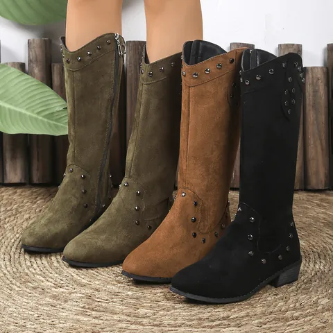 Vintage V-Neck Western Cowboy Boots For Women Pointed Toe Chunky Heel Mid-Calf Boots With Rivets Suede Fashion Shoes