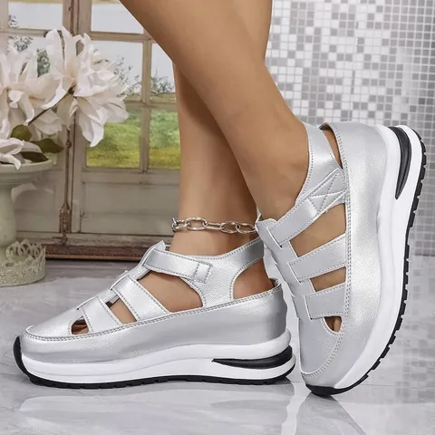 Sommer Damen Keilsandalen Geschlossene Zehenpartie Ausgehöhlt Atmungsaktiv Plateau Schuhe Klettverschluss Dicke Sohle Sandalen