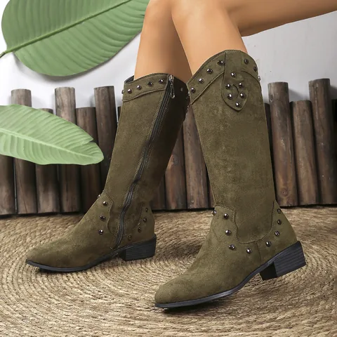 Vintage V-Neck Western Cowboy Boots For Women Pointed Toe Chunky Heel Mid-Calf Boots With Rivets Suede Fashion Shoes