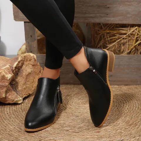 Bottines à Bout Pointu et Talon Épais pour Femmes Mode Double Fermetures Éclair Latérales Bottines en Similicuir Automne Hiver
