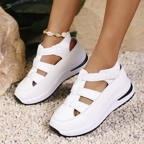 Sandales Compensées à la Mode pour Femmes Plateforme Évidées Bout Fermé Chaussures d'Été en PU Fermeture Auto-agrippante Sandales de Marche