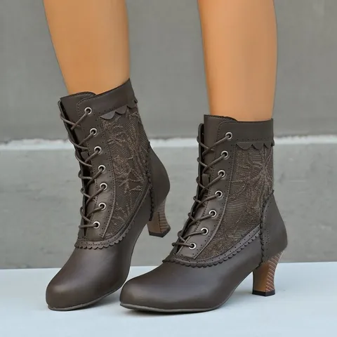 Women Vintage Lace Up Ankle Boots Kitten Heel PU Fabric Patchwork Hollow Out Pointed Toe Fashion Boots For Autumn Winter