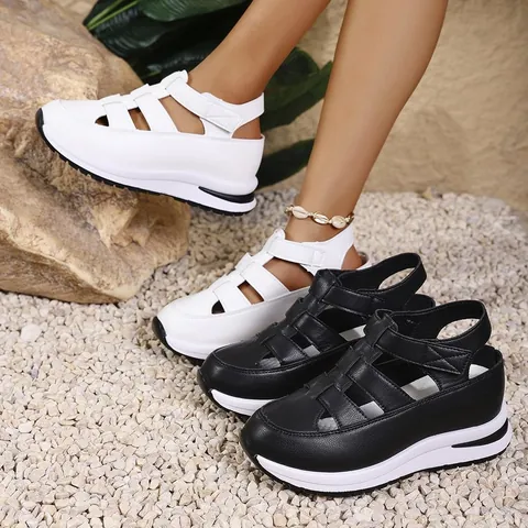 Sandales Compensées à la Mode pour Femmes Plateforme Évidées Bout Fermé Chaussures d'Été en PU Fermeture Auto-agrippante Sandales de Marche