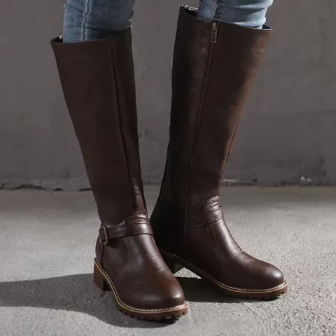 Bottes de Cavalier Hautes pour Femmes Rétro Bout Rond Talon Carré Bottes Hautes Avec Détail de Boucle pour Automne Hiver