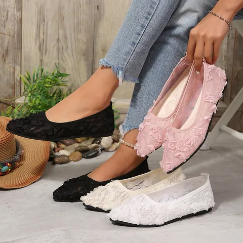 Chaussures Plates en Maille pour Femmes Mocassins à Bout Pointu Respirant Fleurs 3D Décontracté Léger Été Marche