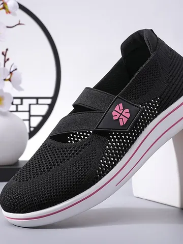 Women Breathable Hollow Out Fly Knit Mesh Walking Shoes Casual Slip On Low Top Lightweight Sneakers For Middle Aged Elderly