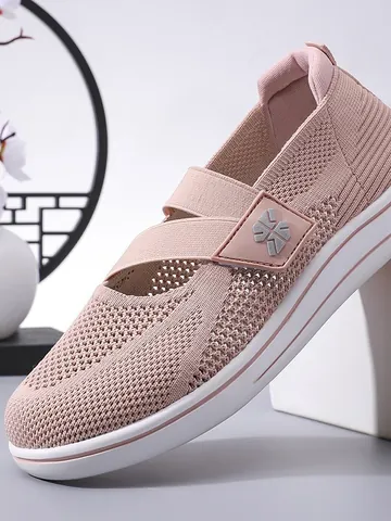 Women Breathable Hollow Out Fly Knit Mesh Walking Shoes Casual Slip On Low Top Lightweight Sneakers For Middle Aged Elderly