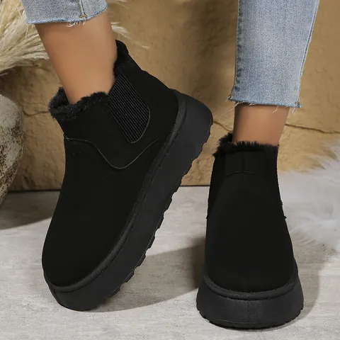 Damen Wildlederimitat Warm Gefütterte Dicke Sohle Schneestiefel Runde Zehe Schlupfschuh Winter Plateau Baumwollstiefel Große Größe Freizeitfußbekleidung