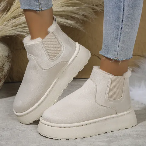 Damen Wildlederimitat Warm Gefütterte Dicke Sohle Schneestiefel Runde Zehe Schlupfschuh Winter Plateau Baumwollstiefel Große Größe Freizeitfußbekleidung