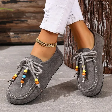 Women's Retro Frosted Suede Slip On Flats Bohemian Colorful Beads Loafers Comfortable Soft Sole Casual Shoes