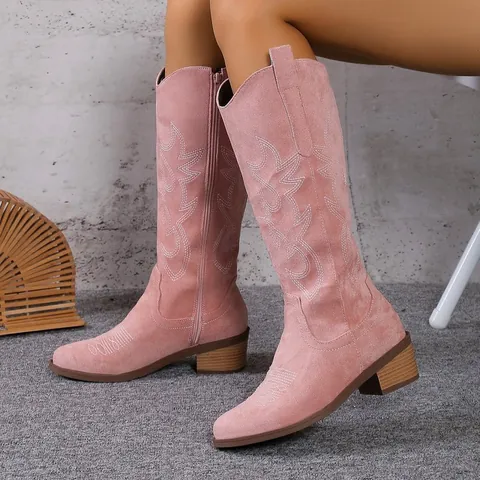 Women Retro Western Cowboy Boots Embroidery V-Mouth Mid-Calf Martin Boots Chunky Heel Suede Knight Boots Autumn Winter Fashion
