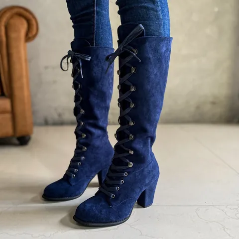 Stivali da Cavaliere Vintage in Camoscio da Donna Stivali Alti Stringati con Tacco Largo Tinta Unita Punta Tonda Stivali Al Ginocchio