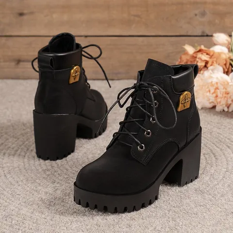 Bottines Martin Rétro pour Femmes Bottines en Microfibre à Talon Épais Lacées Plateforme Antidérapantes Bottes Mode Vintage Chaussures Décontractées Automne Hiver