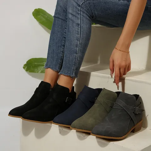 Dames Britse Stijl Puntige Teen Middelhoge Blokhak Korte Laarzen Zijrits Effen Kleur Kunstleer Casual Chelsea Boots