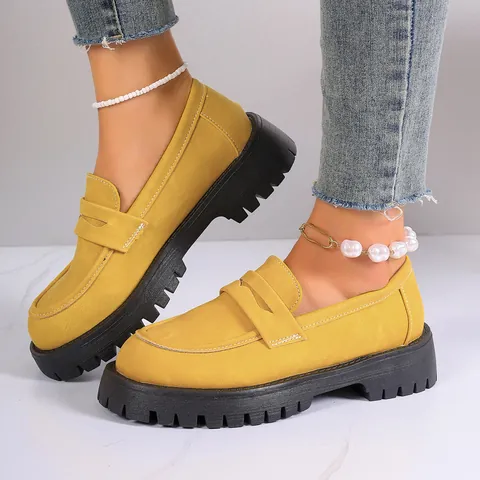 Mocassins en PU Rétro pour Femmes Style Britannique Chaussures à Talon Épais et Plateforme Confortables Décontractées Semelle Épaisse