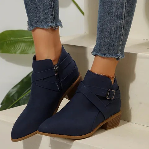 Dames Spitse Neus Chelsea Boots Middelhoge Blokhak Enkellaarsjes Zijrits Gekruiste Bandjes Britse Stijl Synthetisch Suède Herfst Winter Schoenen