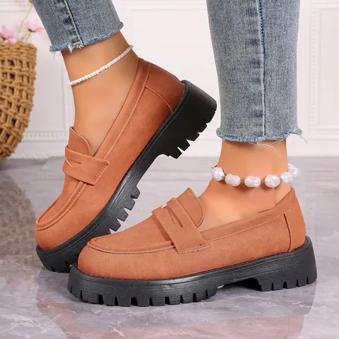 Damen Britischer Stil Loafer PU Leder Plateau Dicke Sohle Slip On Freizeit Schuhe Retro Blockabsatz Halbschuhe Damen