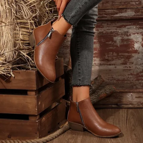 Dames Enkellaarsjes Met Spitse Neus Blokhak Vintage Westerse Stijl Zijrits Microvezel Martin Boots Korte Laarzen