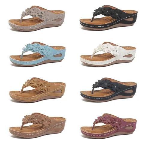 Chanclas de Cuña para Mujer Sandalias de Flores con Strass Cuero PU Verano Playa Suela Gruesa Sandalias Casuales de Exterior