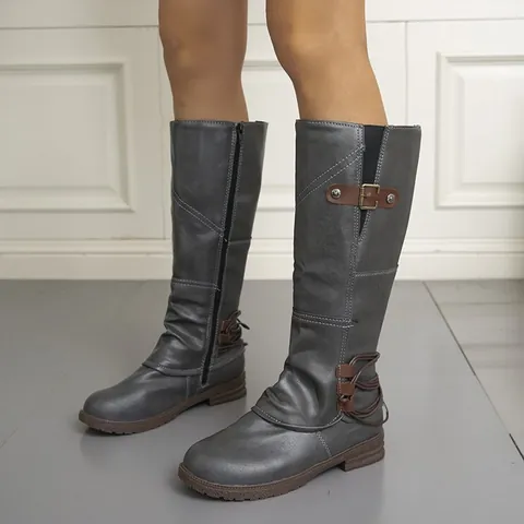 Damen Kniehohe Reitstiefel Mode PU Leder Blockabsatz Martin Stiefel Seitlicher Reißverschluss Schnalle Lange Stiefel Herbst Winter