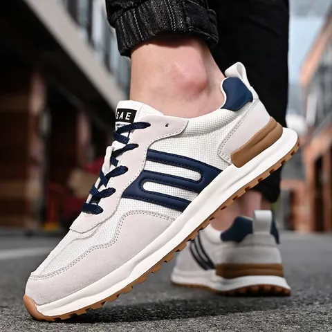 Men's Retro Running Shoes Breathable Mesh Pigskin Suede Low Top Sneakers Non Slip Rubber Sole Casual Outdoor Jogging Walking Shoes