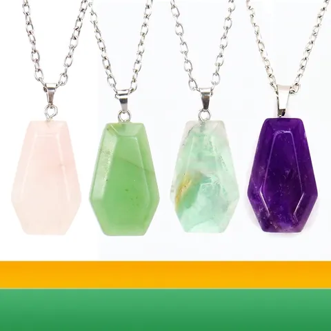 Natural Agate Crystal Mini Coffin Pendant Necklace Halloween Gothic Jewelry Stone Coffin Charm Silver Color Cross Chain For Women