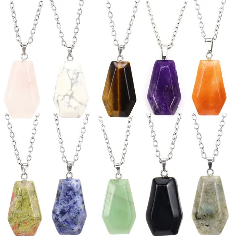 Natural Agate Crystal Mini Coffin Pendant Necklace Halloween Gothic Jewelry Stone Coffin Charm Silver Color Cross Chain For Women
