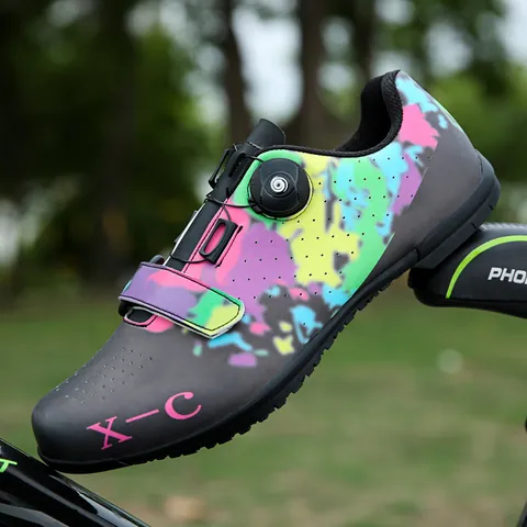 Professional Cycling Shoes Men Women Splatter Printed Synthetic Leather Rotary Button Road Mountain Bike Shoes Non-slip Wear-resistant