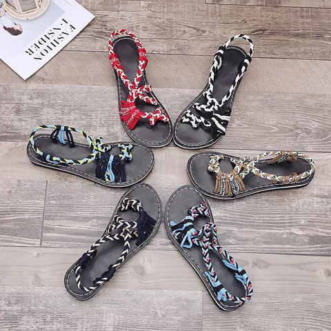 Sandalias Planas de Lino con Tejido de Nudos para Mujer Chanclas de Playa Bohemias Sandalias Casuales de Verano para Mujer
