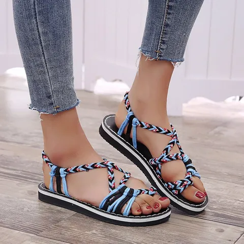 Sandalias Planas de Lino con Tejido de Nudos para Mujer Chanclas de Playa Bohemias Sandalias Casuales de Verano para Mujer