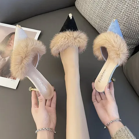 French Style Pointed Toe Stiletto Mules For Women Elegant Rabbit Fur Trim Metal Toe Cap High Heels Sexy Slip On Shoes