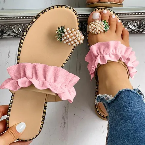 Women Summer Flat Toe-Loop Slippers Rhinestone Artificial Pearl Pineapple Ruffle Leopard Print Bohemian Casual Beach Sandals Large Size 43