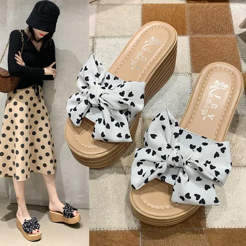 Sandali con Zeppa e Plateau da Donna Fiocco alla Moda Stampa a Cuore Suola Spessa Ciabatte da Spiaggia per le Vacanze Estive