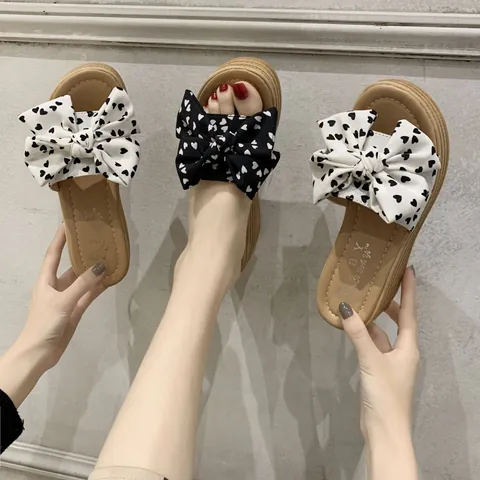 Sandali con Zeppa e Plateau da Donna Fiocco alla Moda Stampa a Cuore Suola Spessa Ciabatte da Spiaggia per le Vacanze Estive