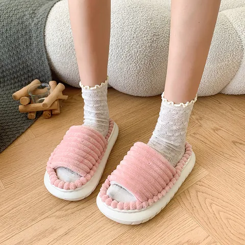 Pantuflas de Peluche para Mujer Suela Gruesa Cálida Punta Abierta Zapatos de Casa Informales Rayados Chanclas Peludas